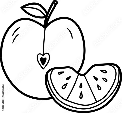 Fresh apple and juicy watermelon slices, simple black and white line art for healthy food and fruit illustration
