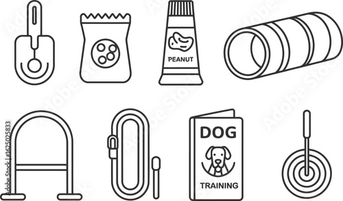 Dog Agility Training Outline Icons Set with Tunnel, Jumps, Peanut Butter, Treats