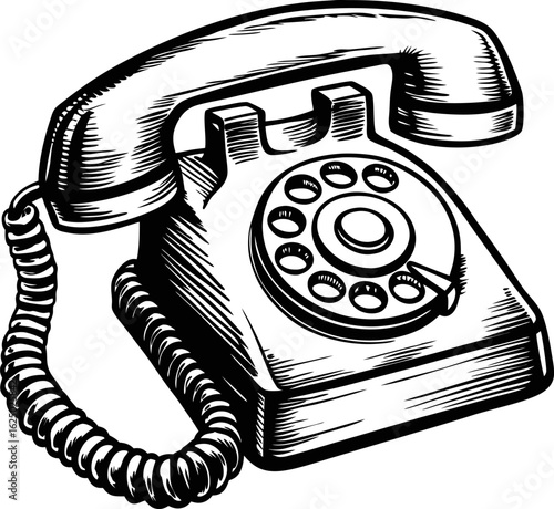 Retro rotary dial telephone illustration vintage landline phone drawing, classic handset with coiled cord, old communication device