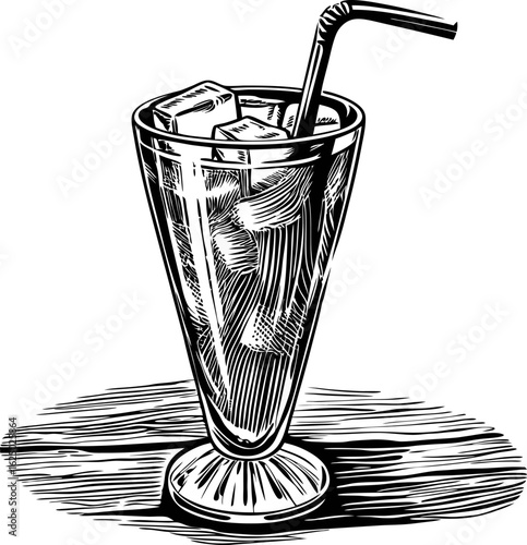 Refreshing iced beverage in tall glass with straw and ice cubes hand drawn illustration, cool summer drink concept