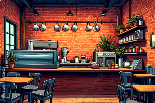Cozy coffee shop interior with wooden furniture and plants for a warm cafe atmosphere and relaxation