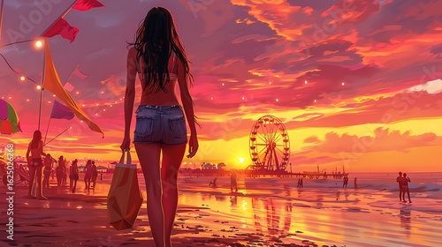 Woman walking on the beach at sunset with ferris wheel in background