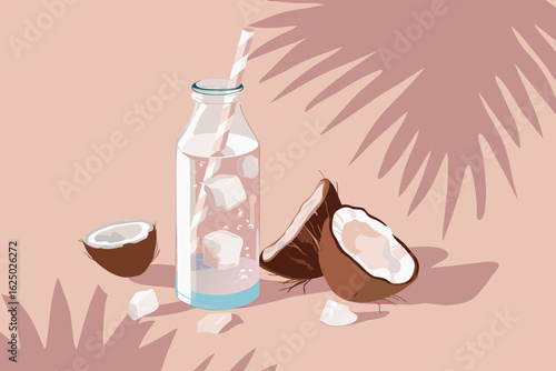 Vector illustration of coconut water in transparent bottle, split coconut, with palm leaves shadow on a beige backdrop