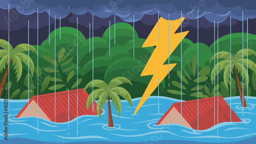 Vector SVG Illustration of Flooded Village with Lightning Storm in Modern Flat Style Bright Colors
