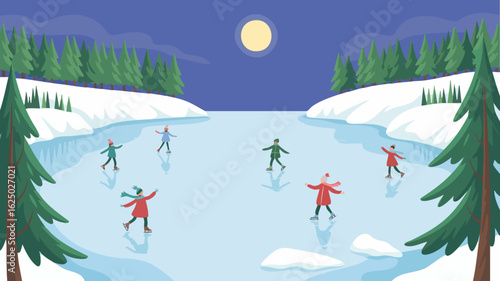 Illustration of people ice skating on a frozen lake in a winter landscape in flat modern style SVG vector illustration