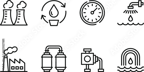 Isolated Industry Icons Nuclear Plant, Clock, Water Filter, Recycling, on Transparent