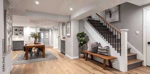 Elegant finished basement interior showcasing living spaces, staircase, and artistic decor arrangements
