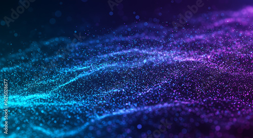 Abstract flowing waves of glowing particles in vibrant blue and purple gradient