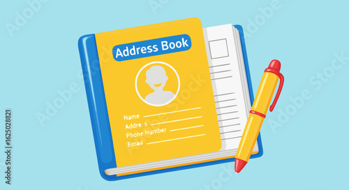 Vector SVG Illustration of Address Book with Pen in Modern Flat Style Featuring Yellow Cover and Blue Details