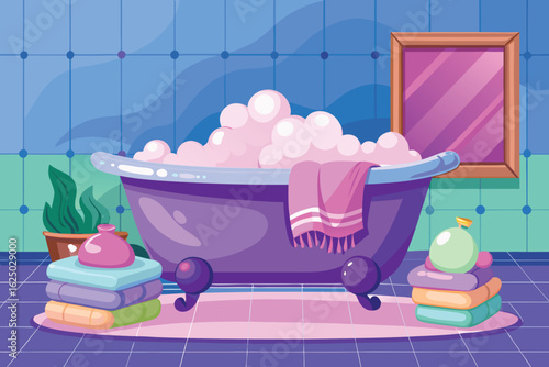 Cozy purple clawfoot bathtub filled with luxurious foam and fluffy towels