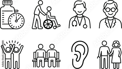 Medical and Healthcare Thin Line Icons Set with Pill Bottle and Doctor Outline
