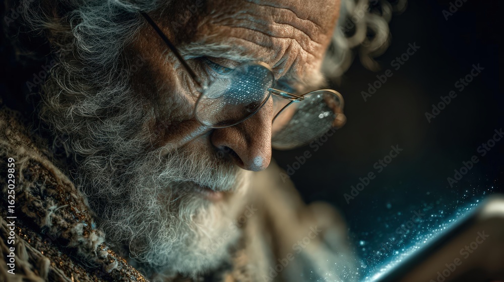 Naklejka premium A wise, elderly figure, focused on a digital tablet, holographic AI assistant guides, photorealistic clarity, rich textures and soft tones, capturing timeless pursuit of knowledge