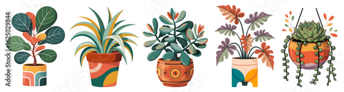 Colorful abstract funky house plants in pots, mid-century modern retro style with geometric patterns, perfect for vibrant, stylish decor and graphic design projects