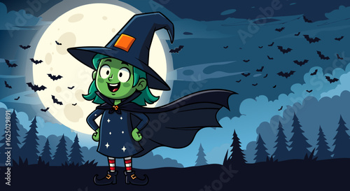 Vector SVG Illustration of a Cartoon Witch Character with Green Skin and Magic Hat in a Night Moonlit Forest Scene in Flat Design Style