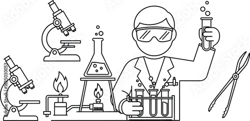 Illustration of a scientist in a laboratory with microscopes, beakers, and test tubes