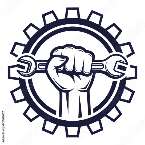 Fist holding a wrench inside a gear symbol on a white background cogwheel tool