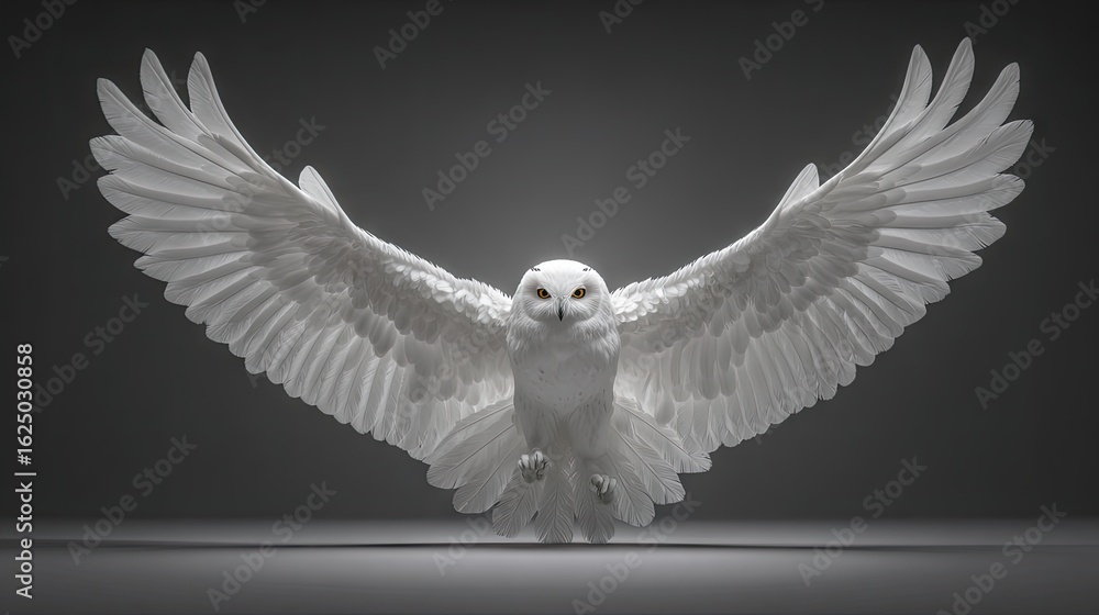 Fototapeta premium A white owl with outstretched wings against a dark background.