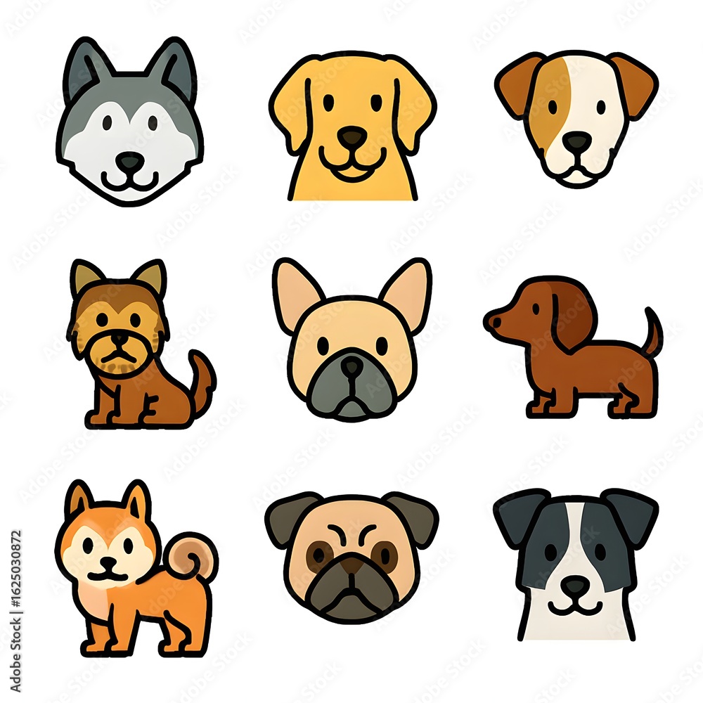 Fototapeta premium cute dog breeds cartoon character vector icons set