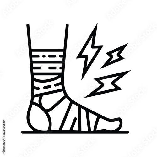 Line art illustration of a bandaged foot and ankle experiencing pain and discomfort