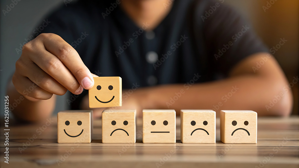Obraz premium “Hand Placing Happy Face Block Among Emotional Expressions – Feedback, Mood Selection, and UX Psychology Concept”