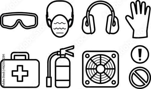 Safety First Icon Set, Outline Style with Glasses, Mask, Ear Protection, Gloves