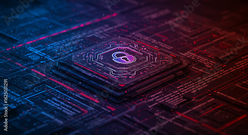 Abstract futuristic circuit board with glowing neon lights and hexagonal core