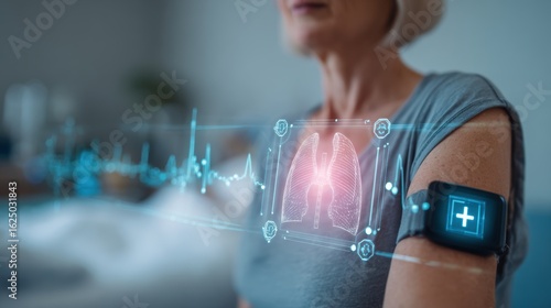 Breakthrough cancer treatment. Wearable health technology monitoring vital signs on an older woman's arm.