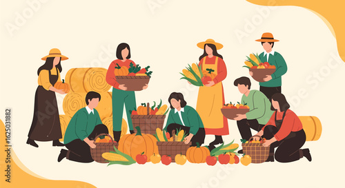 Community of farmers gathering a bountiful autumn harvest together