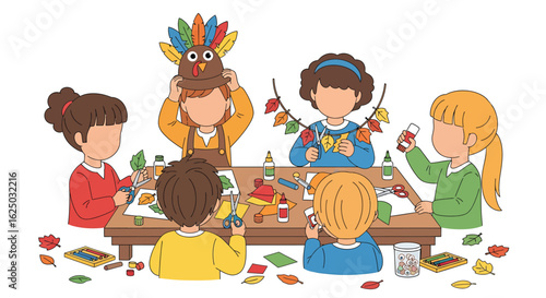 A group of children engaged in a creative Thanksgiving arts and crafts concept