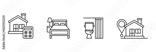 Real estate house interior location calculator bedroom bathroom icon set vector illustration with home furniture finance navigation concept.