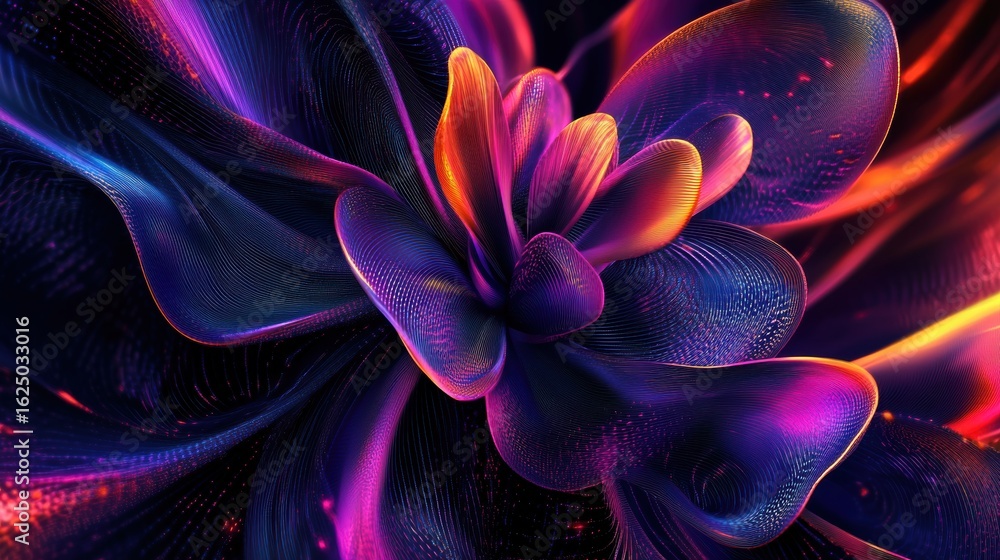 Obraz premium Abstract Flowing Flower Shape with Vibrant Colors in Dark Background for Creative Artwork or Digital Design