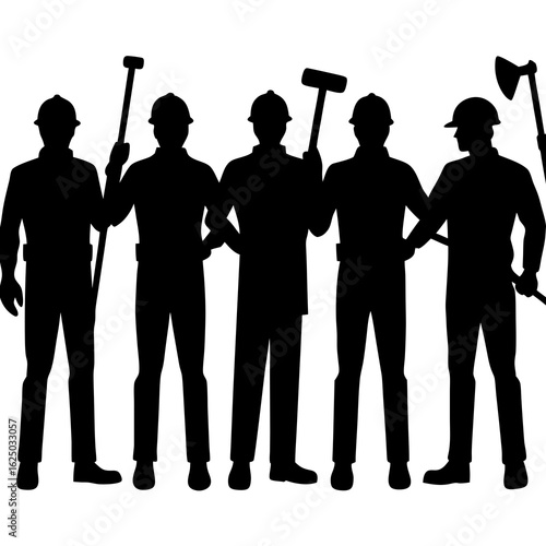 Five construction workers in silhouette holding tools including a sledgehammer and axe isolated on transparent background silhouette