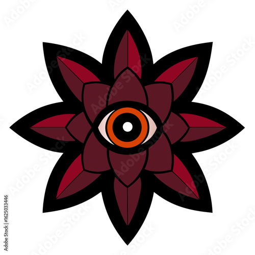 A mystical and eerie four petaled floral illustration with a dark and terrifying aesthetic rendered in striking black yellow cyan and magenta tones