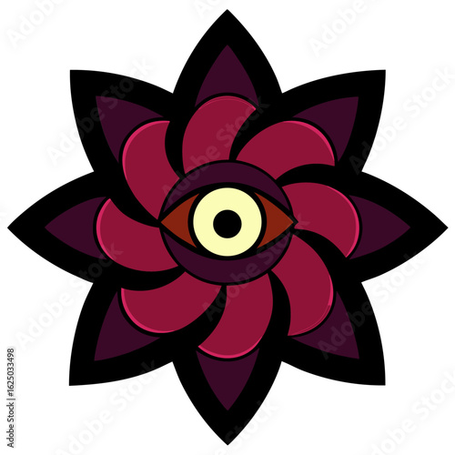 A captivating and eerie depiction of a unique four petaled bloom rendered with striking black yellow cyan and magenta hues