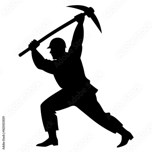 Silhouette of a miner swinging a pickaxe with force isolated on transparent background silhouette