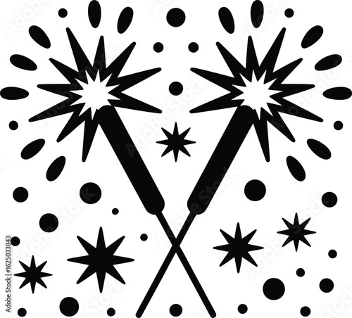 Two crossed sparklers against a festive backdrop.