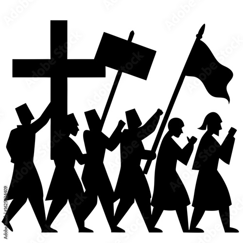 Group of people marching with a cross and flag in a protest or procession silhouette isolated on transparent background