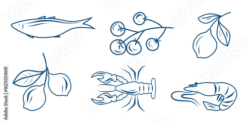 Mediterranean Food Icon Set, Seafood Illustrations, Minimal Food Icons, Mediterranean Style