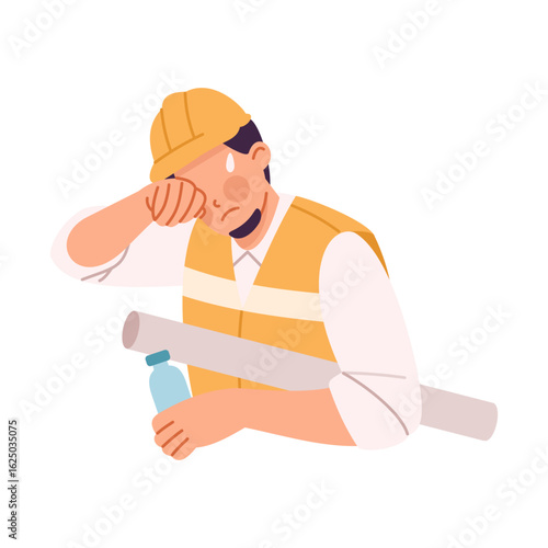 Construction employee overwhelmed by hot weather condition holding a bottle of water, outdoor worker dehydration risk. Flat vector illustration, cartoon style isolated on white background