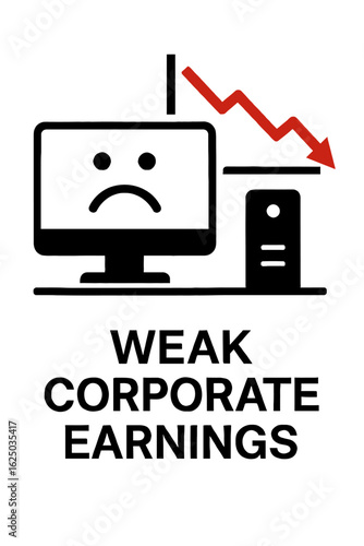 Sad computer screen displays weak corporate earnings, illustrating a downturn in business performance and financial loss for the company.