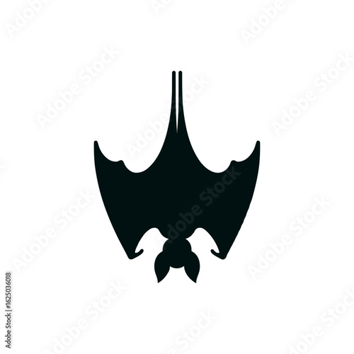 A silhouetted bat hanging upside down in a minimalist design against a white background