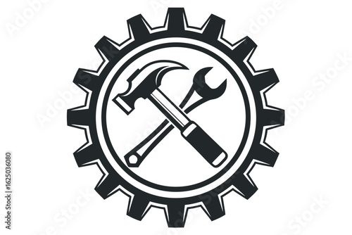 Black gear with hammer and wrench crossed inside a circle is set on white