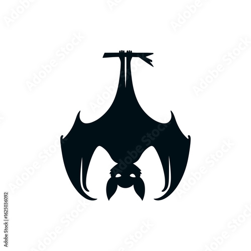 A silhouetted bat hanging upside down, showcasing its wings and facial features against a white background