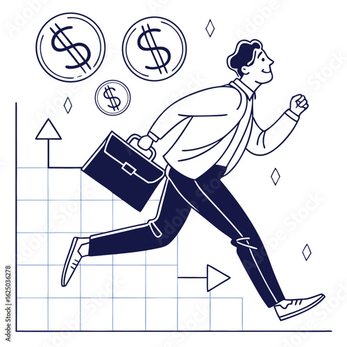 A businessman running up a graph with money floating around isolated on white background