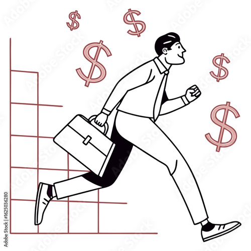 A businessman running up a graph with dollar signs floating around isolated on white background