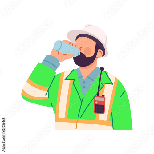 Construction worker drinking bottled water during hot summer to avoid dehydration and prevent heat exhaustion. Flat vector illustration, cartoon style isolated on white background