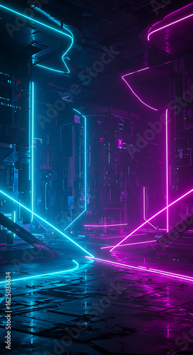 Abstract neon light pathways in a dark futuristic environment with reflections
