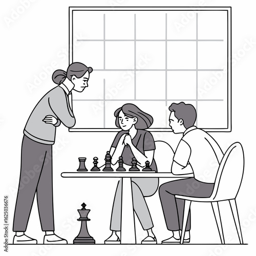 Two people playing chess with a spectator isolated on white background