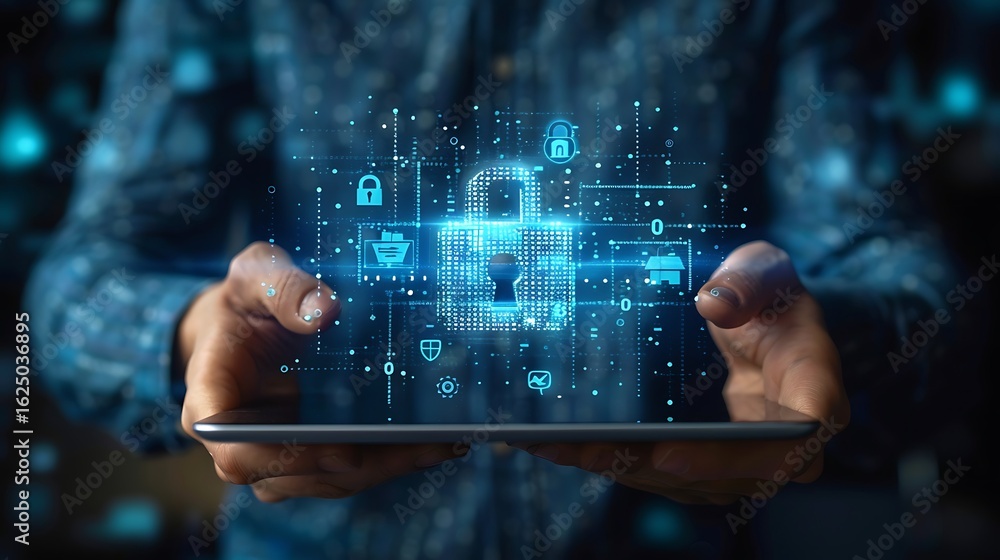 Fototapeta premium Cyber security concept showing a digital padlock over a tablet screen