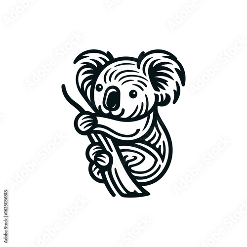 A stylized illustration of a koala clinging to a eucalyptus branch, showcasing its natural habitat